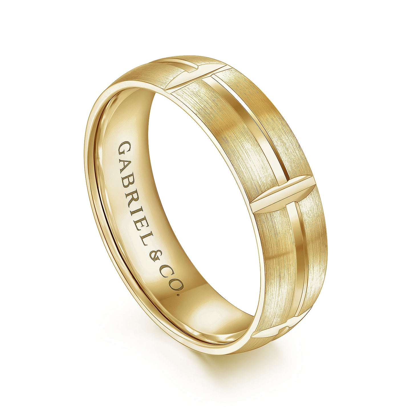 Gabriel & Co Yellow Gold Wedding Band With A Satin Finish And Linear Engraved Stations - Gold Wedding Bands - Men's