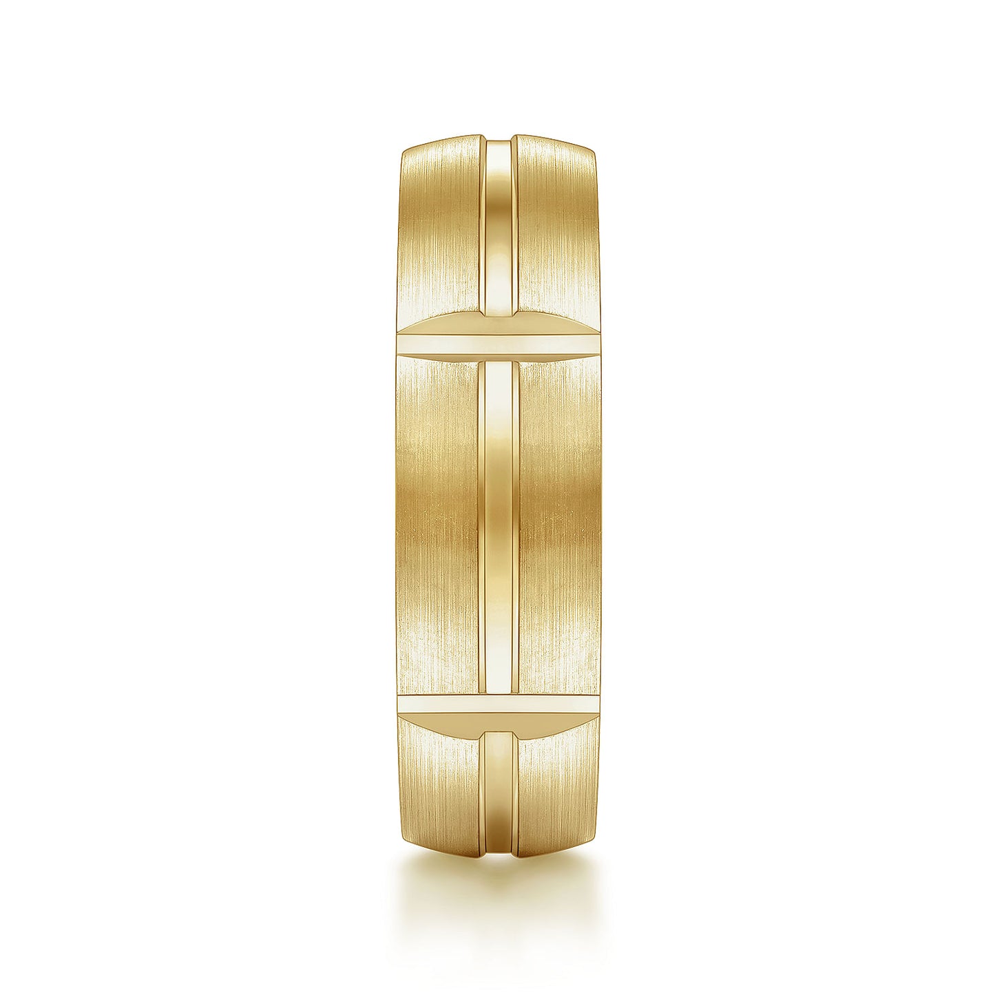 Gabriel & Co Yellow Gold Wedding Band With A Satin Finish And Linear Engraved Stations - Gold Wedding Bands - Men's