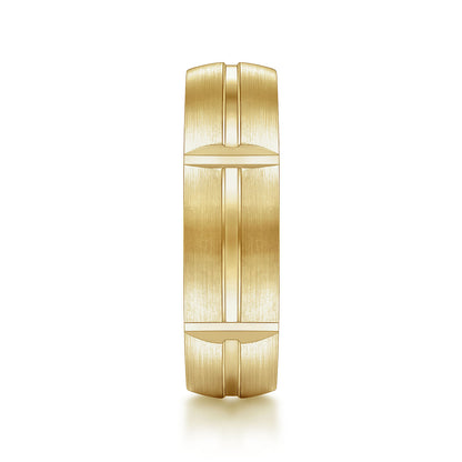 Gabriel & Co Yellow Gold Wedding Band With A Satin Finish And Linear Engraved Stations - Gold Wedding Bands - Men's