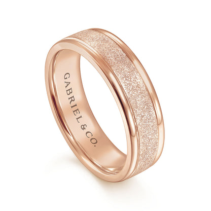 Gabriel & Co Rose Gold Wedding Band With A Sandblast Center And Rounded Polished Edges - Gold Wedding Bands - Men's