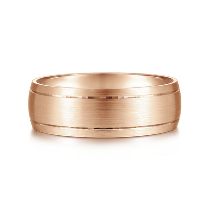 Gabriel & Co Rose Gold Domed Wedding With A Satin Finish And Two Parallel Channels - Gold Wedding Bands - Men's