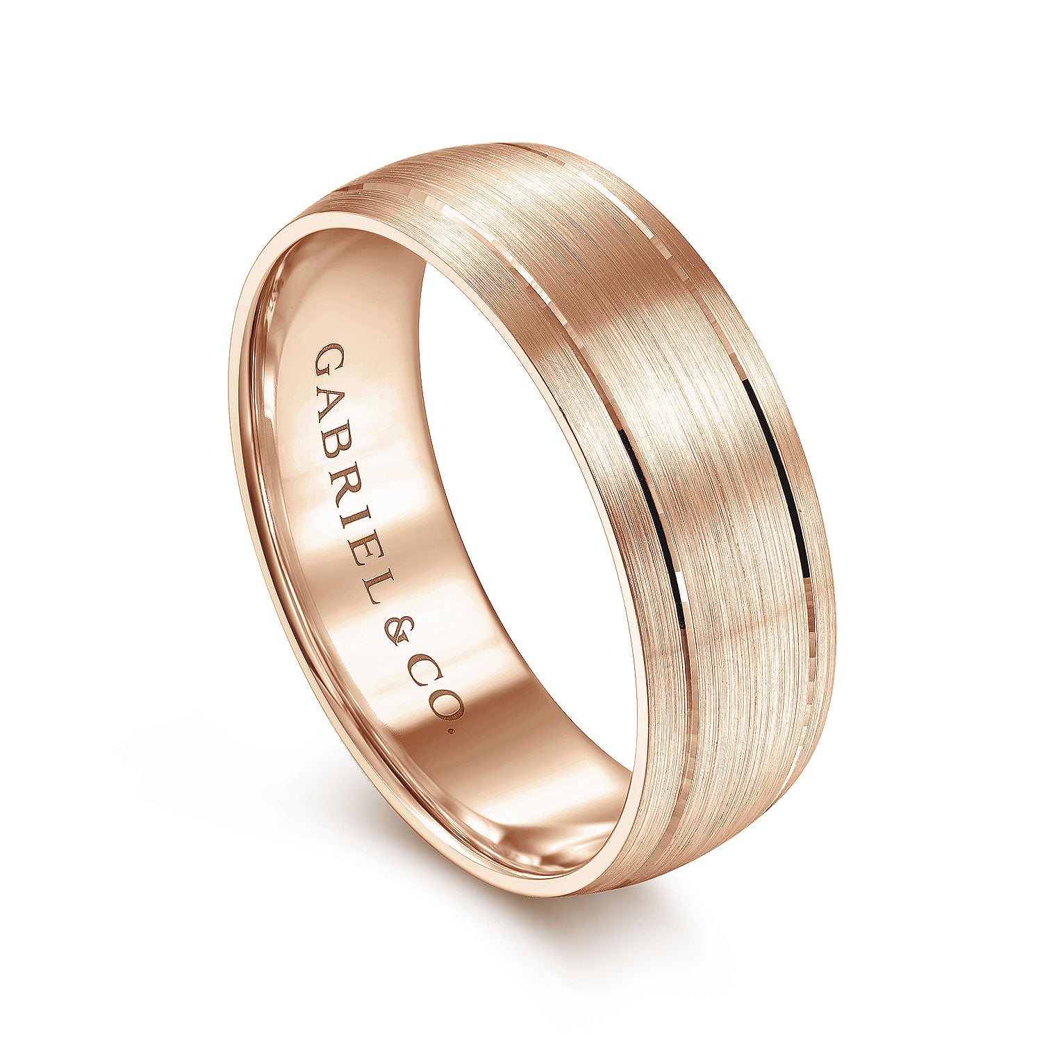 Gabriel & Co Rose Gold Domed Wedding With A Satin Finish And Two Parallel Channels - Gold Wedding Bands - Men's