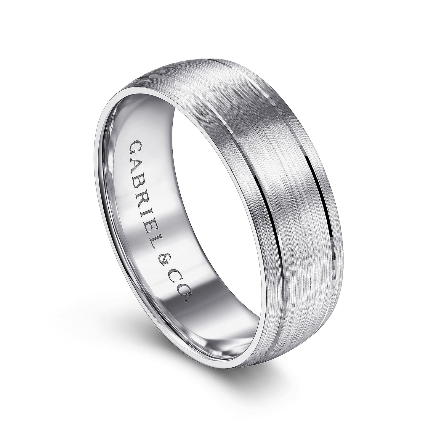 Gabriel & Co White Gold Domed Wedding With A Satin Finish And Two Parallel Channels - Gold Wedding Bands - Men's