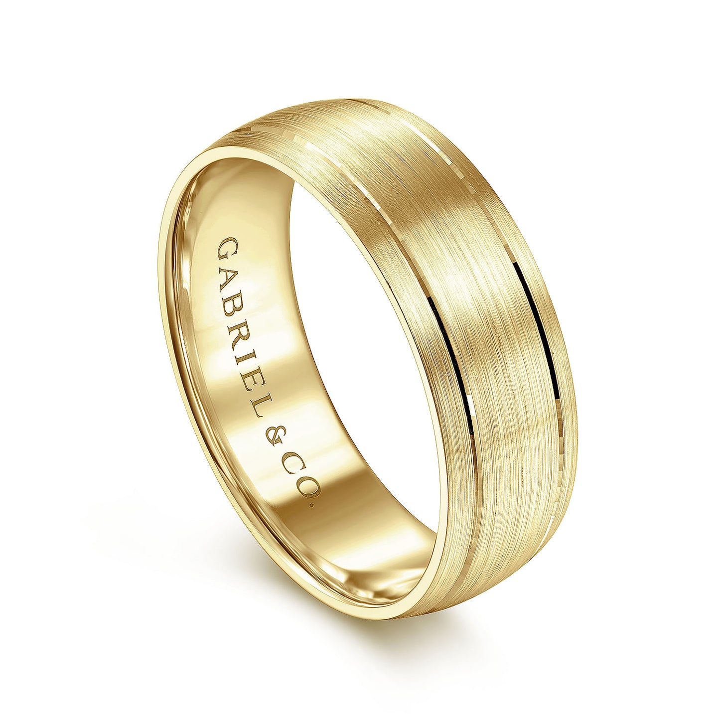 Gabriel & Co Yellow Gold Domed Wedding With A Satin Finish And Two Parallel Channels - Gold Wedding Bands - Men's