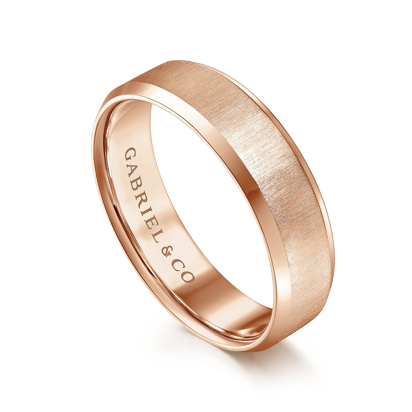 Gabriel & Co Rose Gold Wedding Band With A Sandblast Center And Beveled Edges - Gold Wedding Bands - Men's