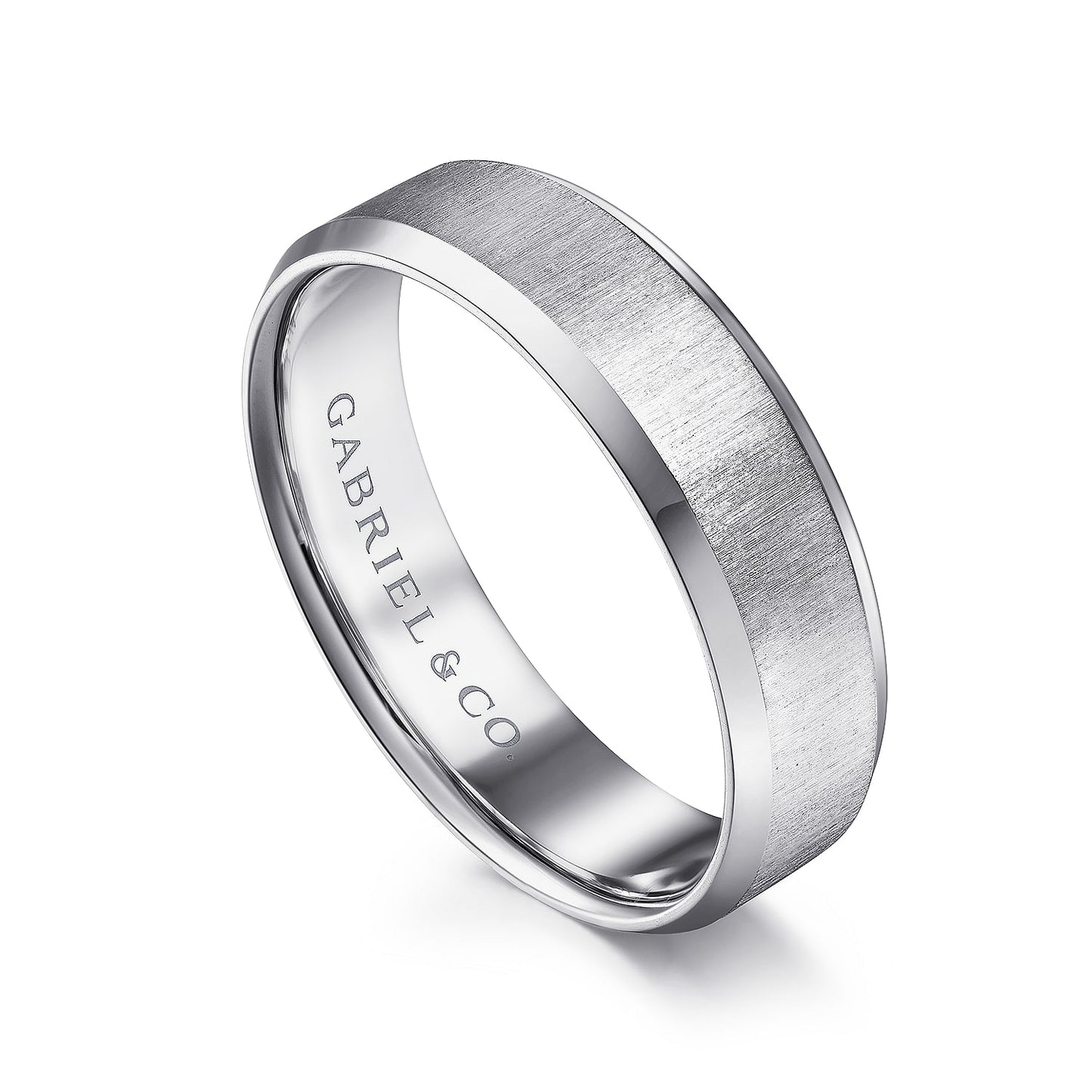 Gabriel & Co White Gold Wedding Band With A Sandblast Center And Beveled Edges - Gold Wedding Bands - Men's