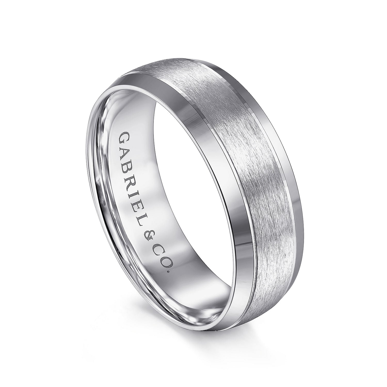 Gabriel & Co White Gold Domed Wedding Band With A Satin Center And Polished Beveled Edges - Gold Wedding Bands - Men's