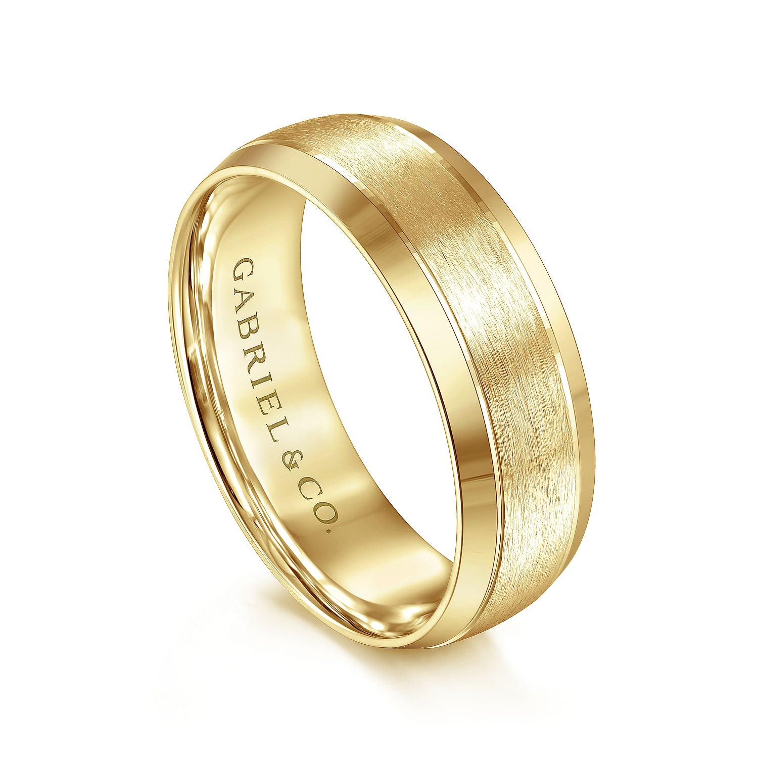 Gabriel & Co Yellow Gold Domed Wedding Band With A Satin Center And Polished Beveled Edges - Gold Wedding Bands - Men's