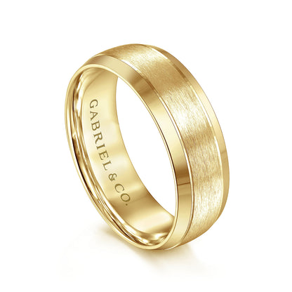 Gabriel & Co Yellow Gold Domed Wedding Band With A Satin Center And Polished Beveled Edges - Gold Wedding Bands - Men's