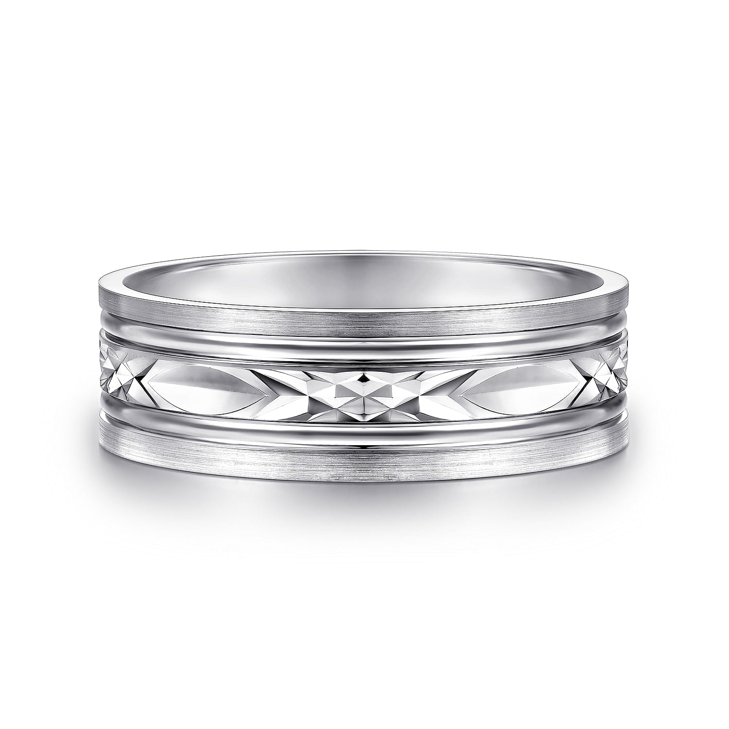 Gabriel & Co White Gold Wedding Band With Diamond Cut Center And Satin Finished Edges - Gold Wedding Bands - Men's