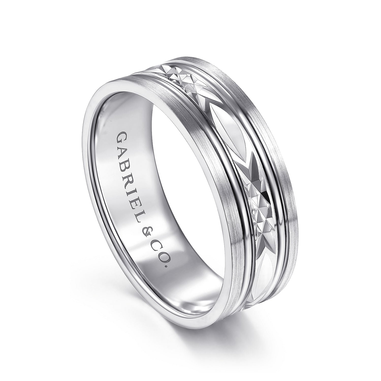 Gabriel & Co White Gold Wedding Band With Diamond Cut Center And Satin Finished Edges - Gold Wedding Bands - Men's