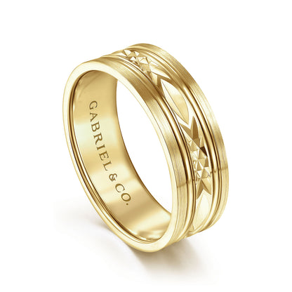 Gabriel & Co Yellow Gold Wedding Band With Diamond Cut Center And Satin Finished Edges - Gold Wedding Bands - Men's