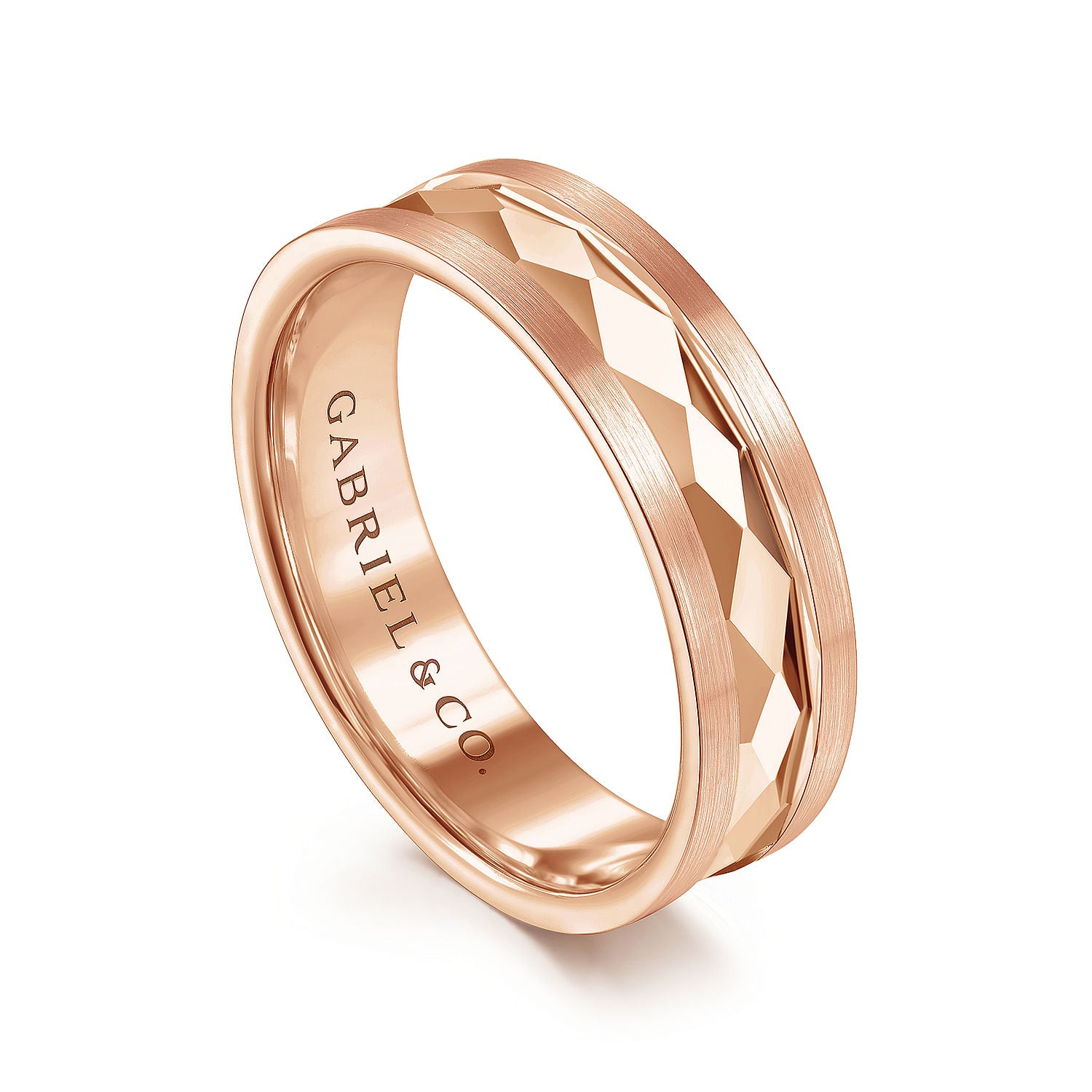 Gabriel & Co Rose Gold Wedding Band With A Diamond Cut Center And Satin Finished Edges - Gold Wedding Bands - Men's