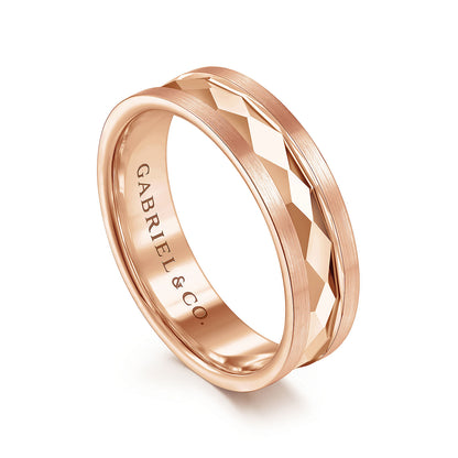 Gabriel & Co Rose Gold Wedding Band With A Diamond Cut Center And Satin Finished Edges - Gold Wedding Bands - Men's