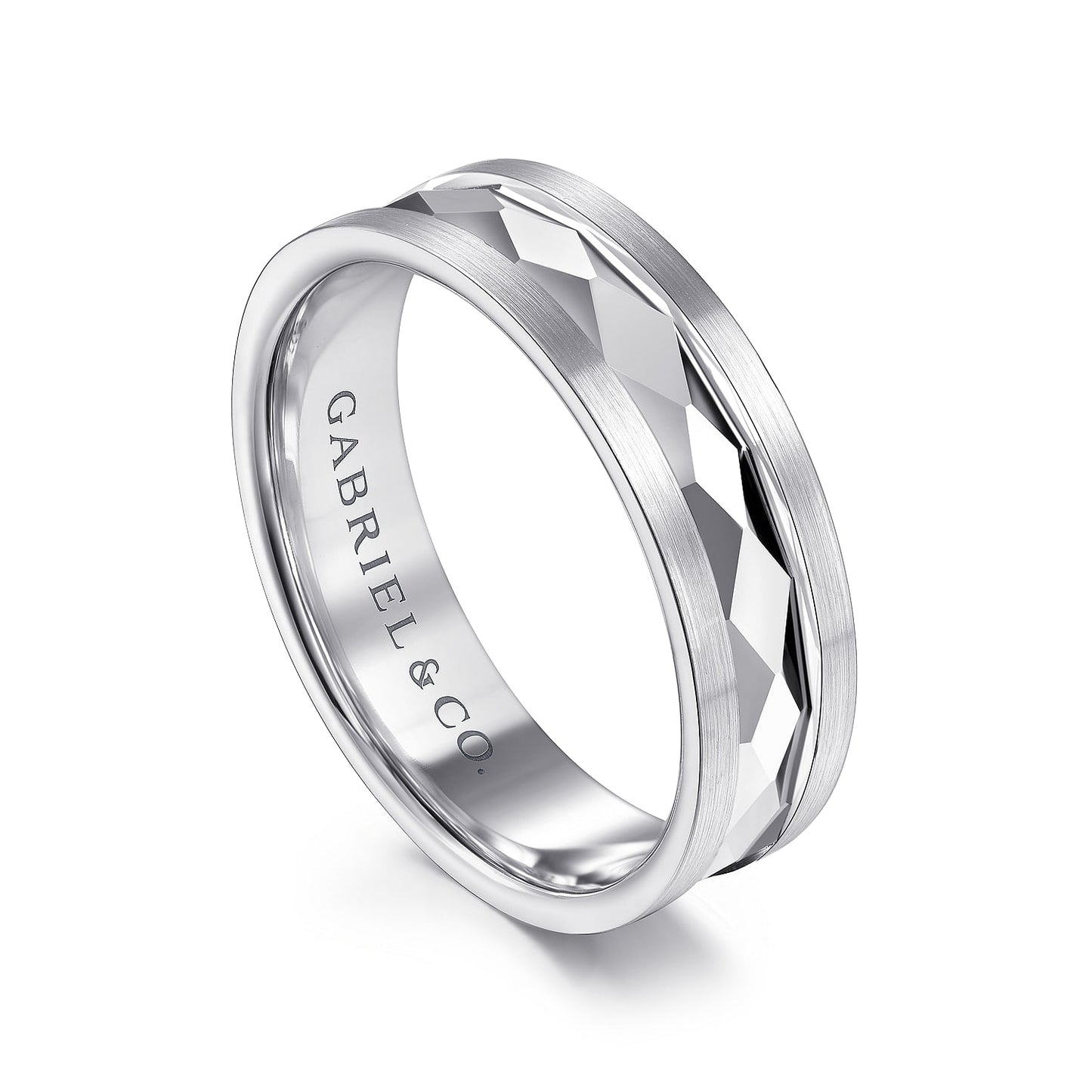 Gabriel & Co White Gold Wedding Band With A Diamond Cut Center And Satin Finished Edges - Gold Wedding Bands - Men's