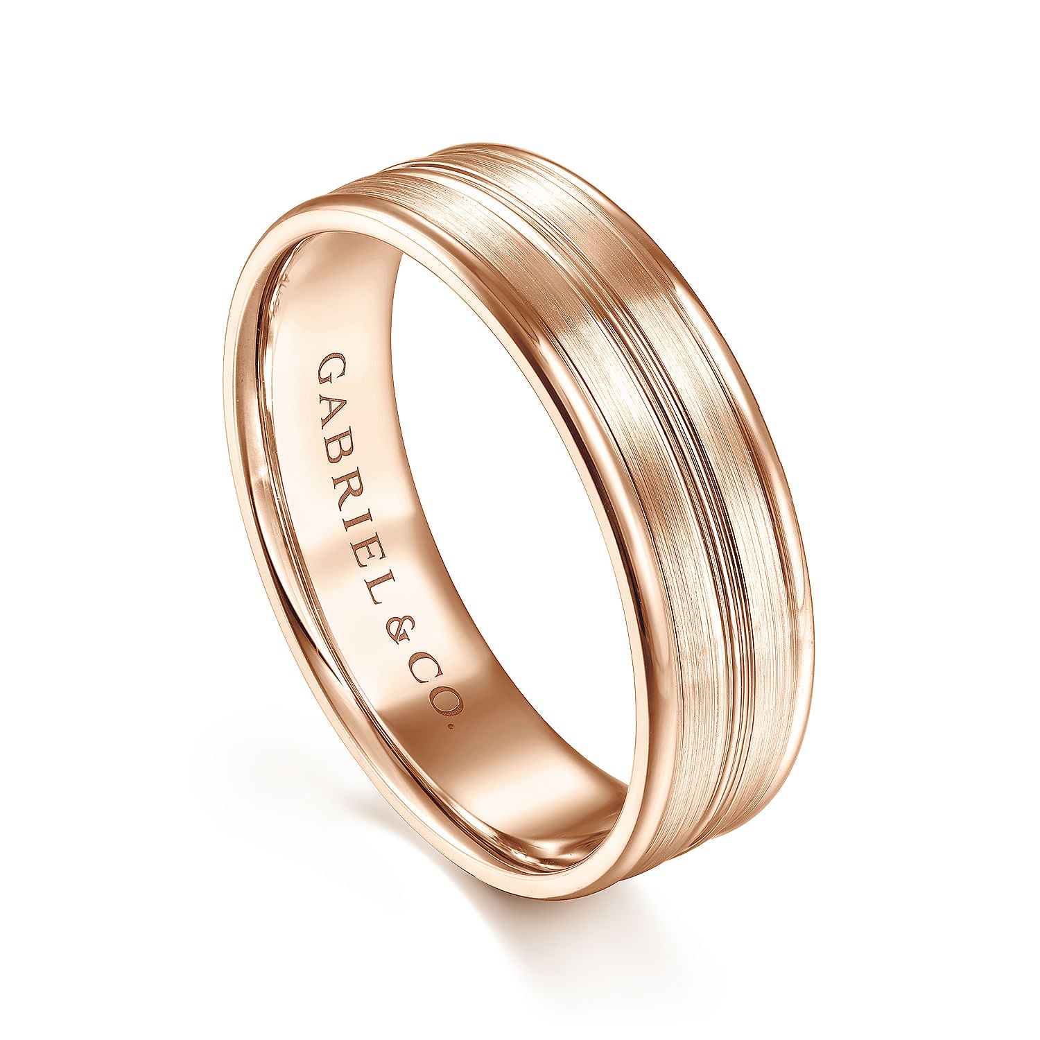 Gabriel & Co Rose Gold Wedding Band With A Satin Finished Center And Polished Edges - Gold Wedding Bands - Men's