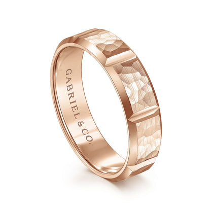 Gabriel & Co Rose Gold Wedding Band With A Hammered Finish And Vertical Diamond Cuts - Gold Wedding Bands - Men's