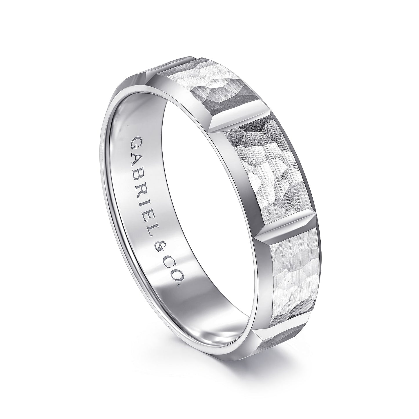 Gabriel & Co White Gold Wedding Band With A Hammered Finish And Vertical Diamond Cuts - Gold Wedding Bands - Men's