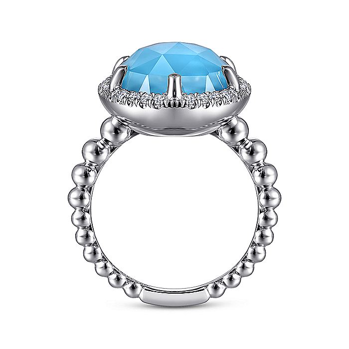 Gabriel & Co Sterling Silver White Sapphire and Rock Crystal and Turquoise Ladies Ring - Colored Stone Rings - Women's