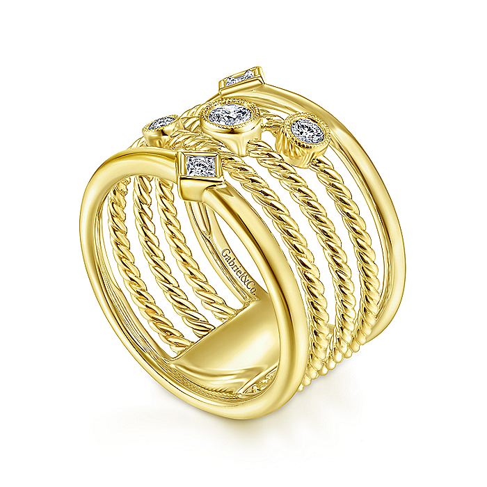 Ladies Gabriel & Co. Yellow Gold Multi Row Fashion Ring - Diamond Fashion Rings - Women's