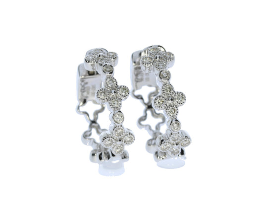 White Gold Clover Style Diamond Hoop Earrings - Diamond Earrings