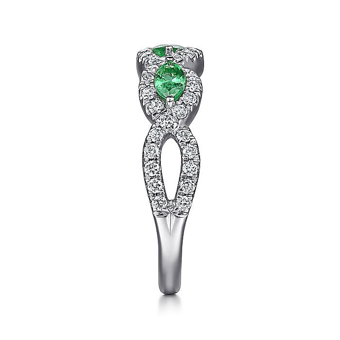 Gabriel & Co. 14 Karat White Gold Twisted Diamond and Marquise Shaped Emerald Ring - Colored Stone Rings - Women's