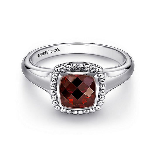 Gabriel & Co Sterling Silver Beaded Cushion Cut Garnet Ring