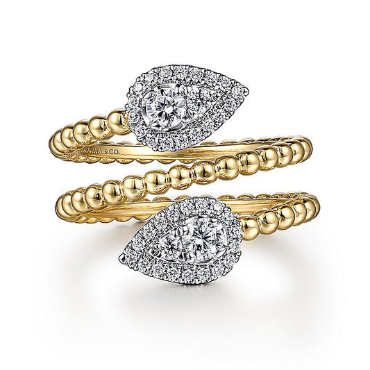 Gabriel & Co. 14 Karat Yellow and White Gold Bujukan Wrap Ring with Teardrop Diamonds