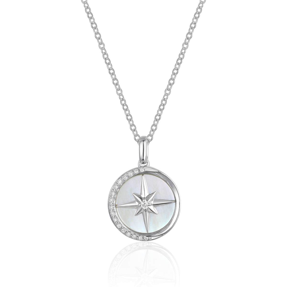 Luvente White Gold Round Mother of Pearl and Diamond Compass Style Pendant - Colored Stone Pendants