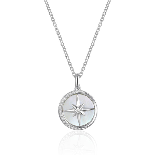 Luvente White Gold Round Mother of Pearl and Diamond Compass Style Pendant