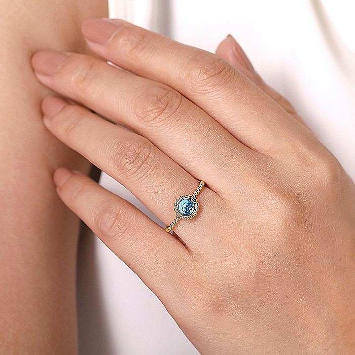 Gabriel & Co Yellow Gold Round Blue Topaz Bujukan Beaded Ring - Colored Stone Rings - Women's