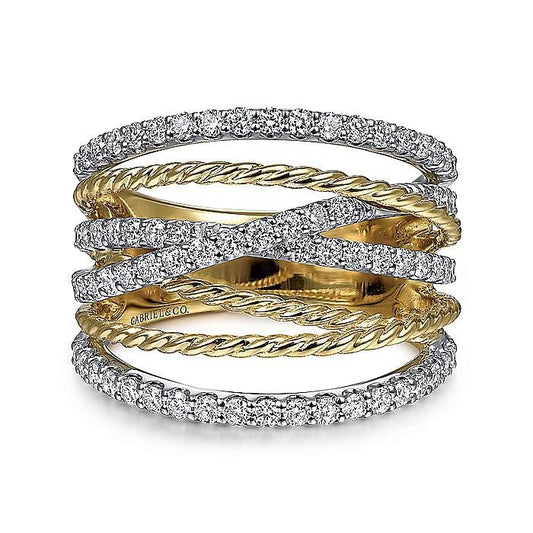 Gabriel & Co. Yellow and White Gold Twisted Rope Criss Cross Diamond Multi Row Ring - Diamond Fashion Rings - Women's