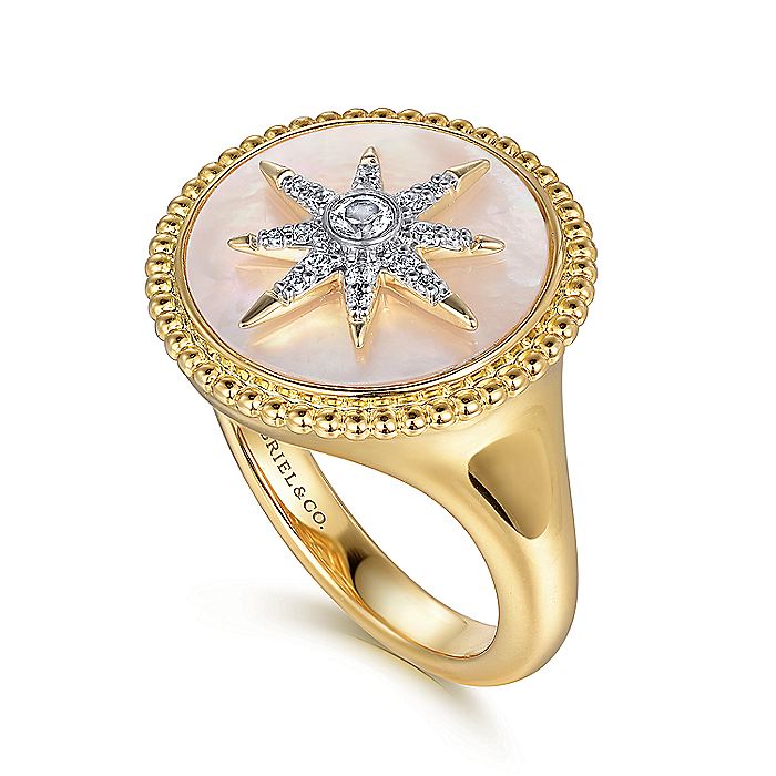 Gabriel & Co. Bujukan Mother of Pearl Inlay Diamond Starburst Signet Ring