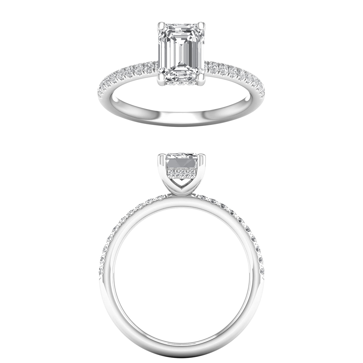 White Gold Emerald Cut Laboratory Grown Hidden Halo Engagement Ring