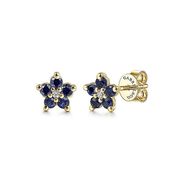 Gabriel & Co. Yellow Gold Diamond and Sapphire Flower Stud Earrings - Colored Stone Earrings