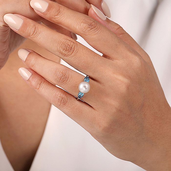 Gabriel & Co. Sterling Silver Pearl and Blue Topaz Ring - Colored Stone Rings - Women's