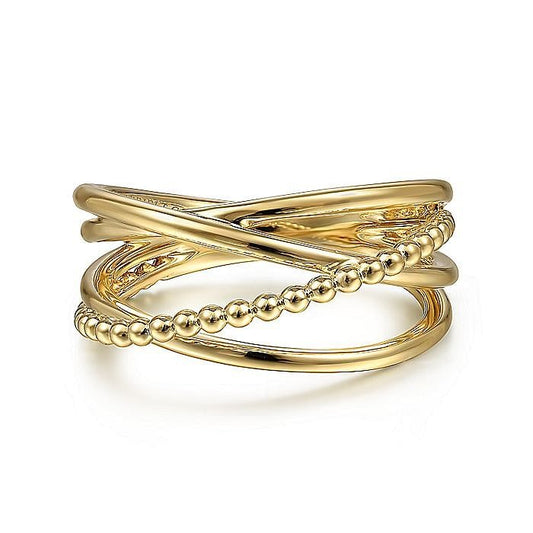 Gabriel & Co Yellow Gold Bujukan Bead Criss Cross Ring - Gold Fashion Rings - Women's