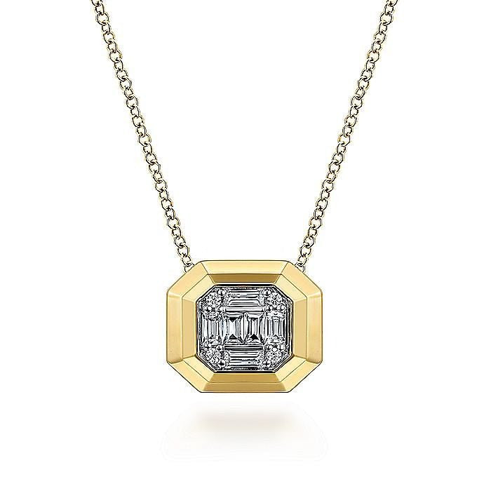 Gabriel & Co. Yellow Gold Geometric Baguette and Round Diamond Pendant - Diamond Pendants