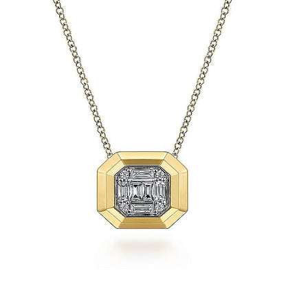 Gabriel & Co. Yellow Gold Geometric Baguette and Round Diamond Pendant - Diamond Pendants