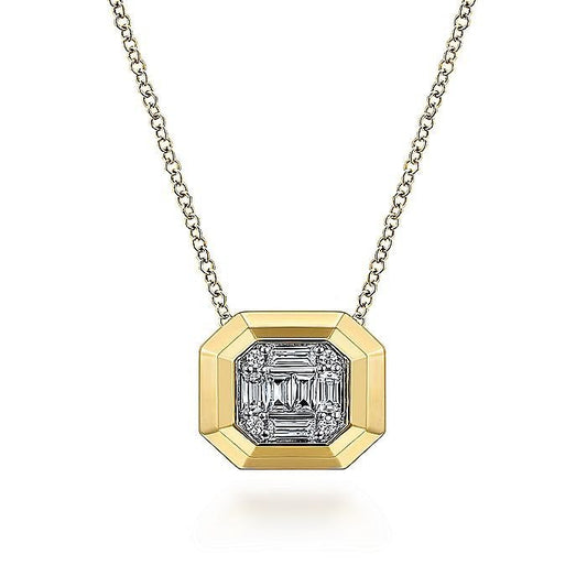 Gabriel & Co. Yellow Gold Geometric Baguette and Round Diamond Pendant - Diamond Pendants