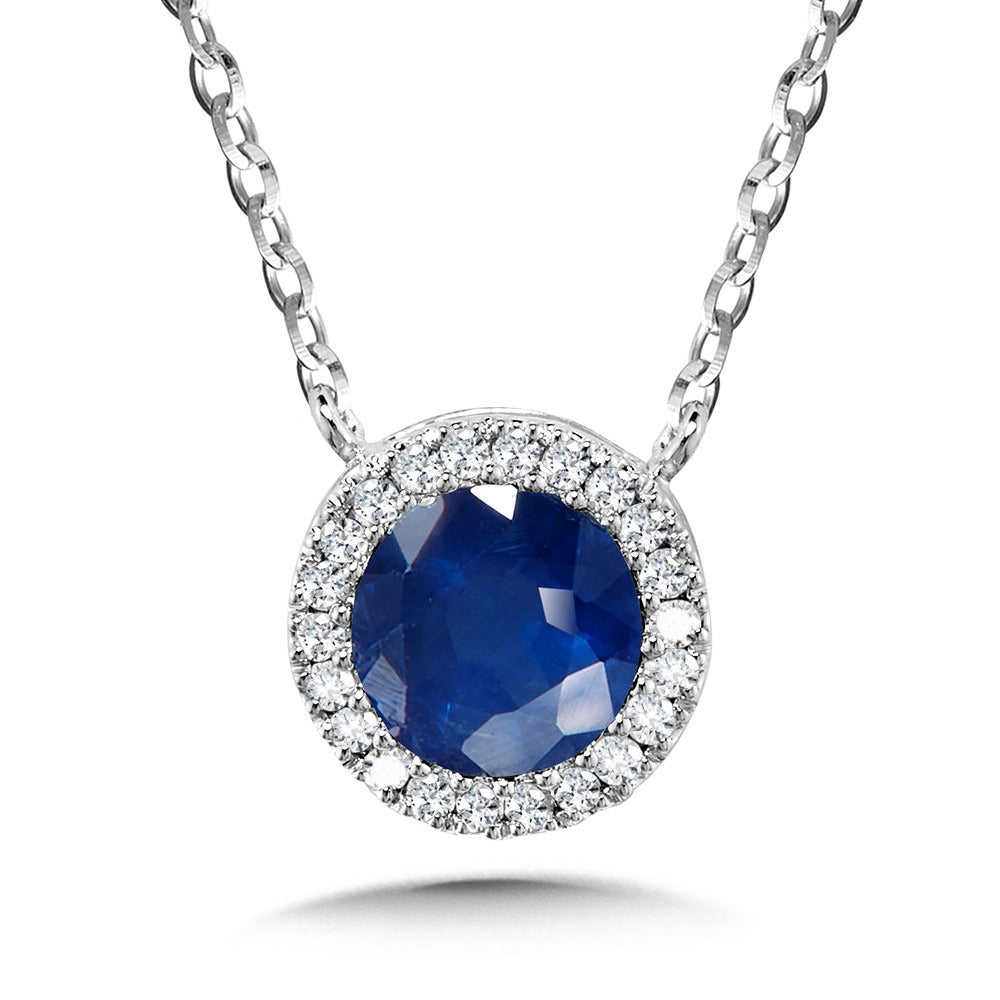 White Gold Round Sapphire Diamond Halo Pendant - Colored Stone Pendants