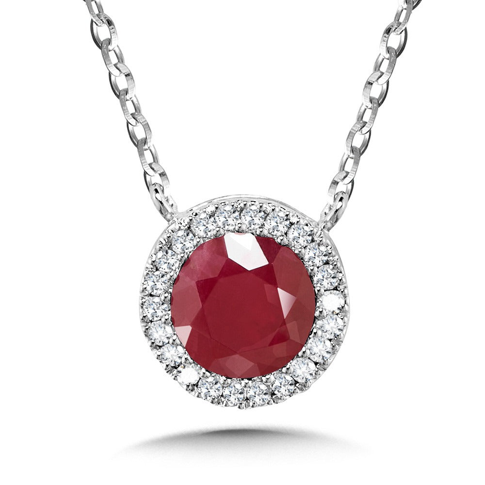 White Gold Round Ruby Diamond Halo Pendant - Colored Stone Pendants