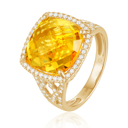 Luvente Yellow Gold Citrine & Diamond Halo Ring