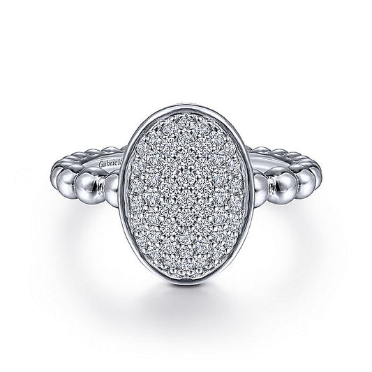 Gabriel & Co Silver Oval Signet Ring with White Sapphire Pave - Ladies Silver Rings