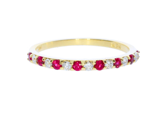 Yellow Gold Diamond and Ruby Band - Colored Stone Rings - Women's